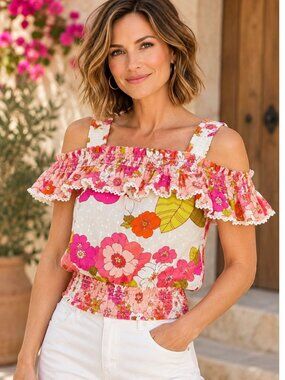 Love The Label Anthropologie Imogene Floral Cold Shoulder Ruffle Top XS